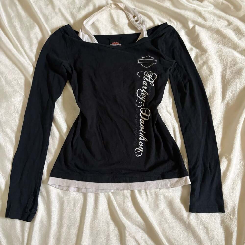 Harley-Davidson Black Long Sleeve Layered Halter Graphic Tee
